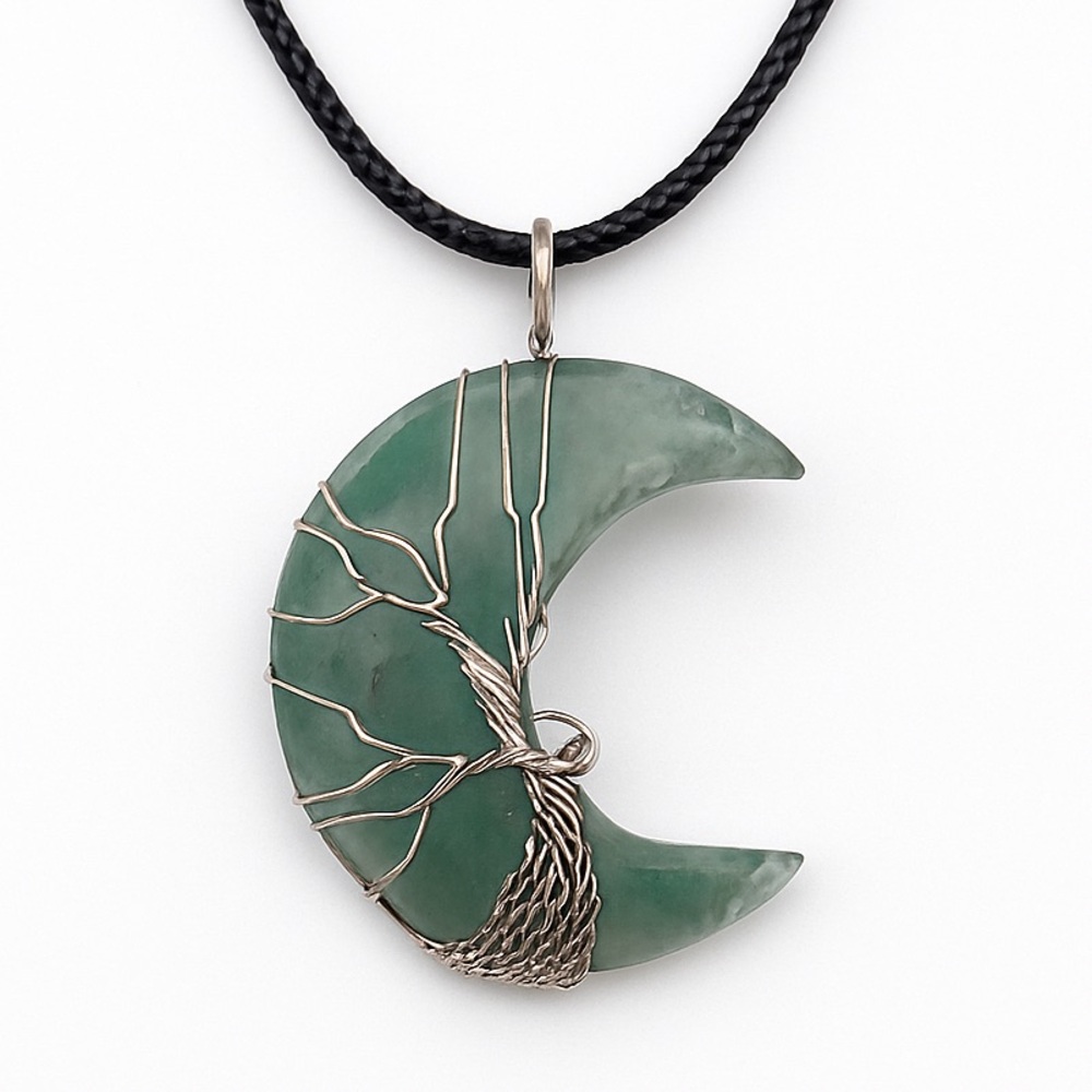 Green Stone Crescent Moon Tree of Life Necklace 18” Black Cord